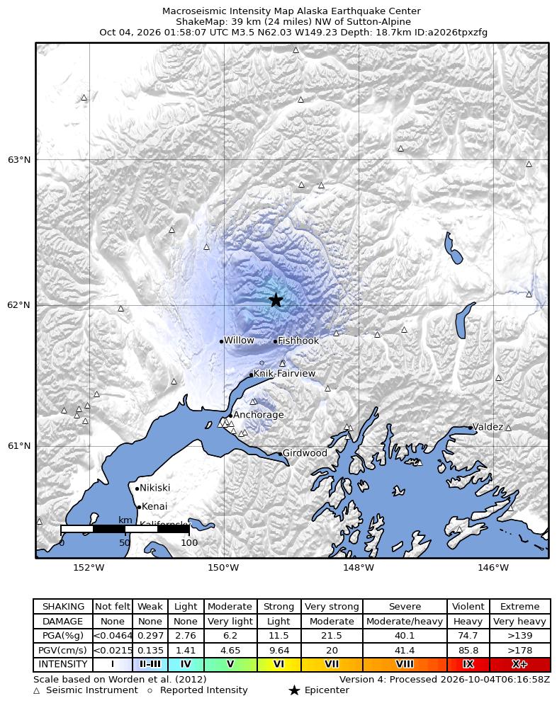 USGS ShakeMap intensity contours for the M3.5 earthquake near 32 km N of Fishhook, Alaska