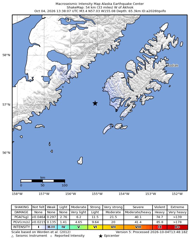 USGS ShakeMap intensity contours for the M3.4 earthquake near 56 km W of Akhiok, Alaska