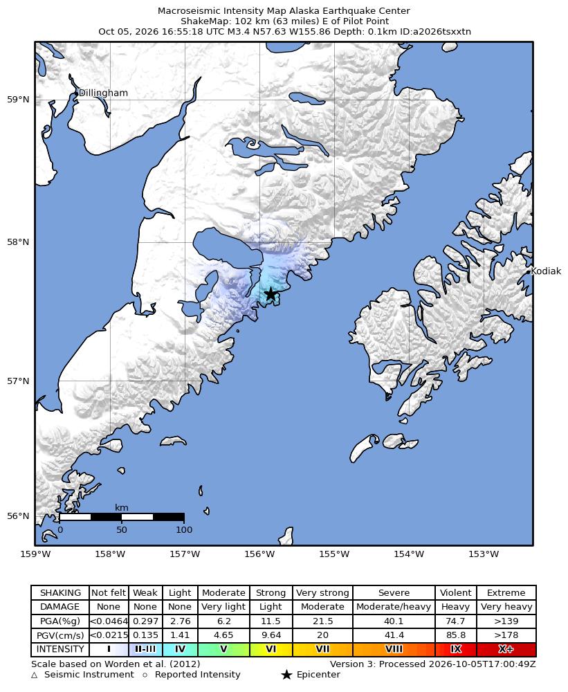 USGS ShakeMap intensity contours for the M3.4 earthquake near 83 km W of Karluk, Alaska