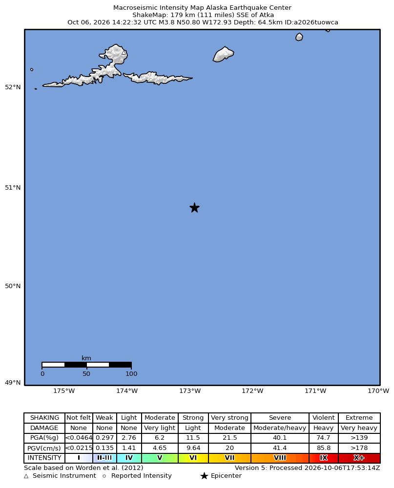 USGS ShakeMap intensity contours for the M3.8 earthquake near 178 km SSE of Atka, Alaska