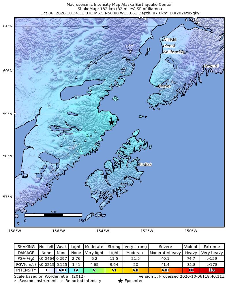 USGS ShakeMap intensity contours for the M5.5 earthquake near 92 km NNW of Aleneva, Alaska