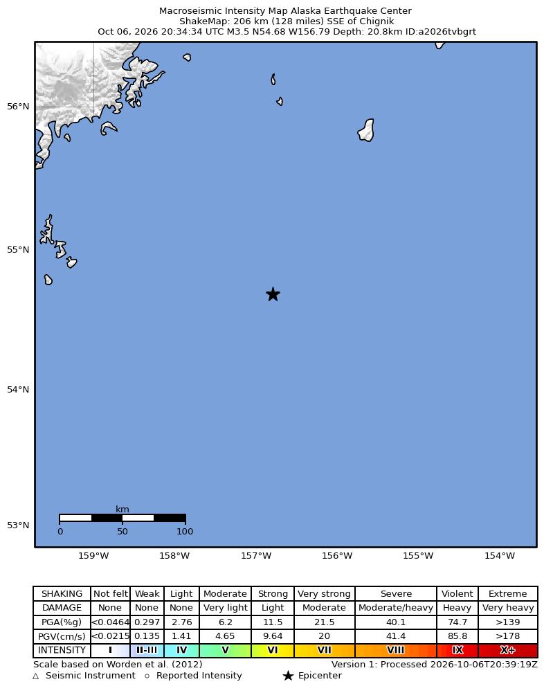 USGS ShakeMap intensity contours for the M3.5 earthquake near 202 km SE of Perryville, Alaska