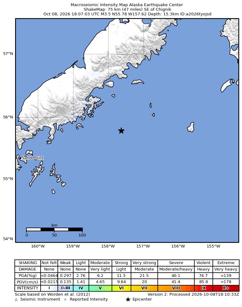 USGS ShakeMap intensity contours for the M3.2 earthquake near 72 km SE of Chignik, Alaska