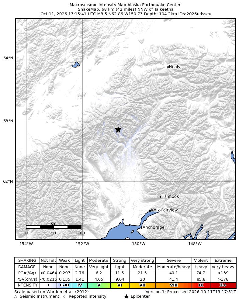 USGS ShakeMap intensity contours for the M3.6 earthquake near 39 km N of Petersville, Alaska