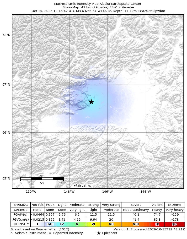 USGS ShakeMap intensity contours for the M3.6 earthquake near 40 km NNE of Beaver, Alaska