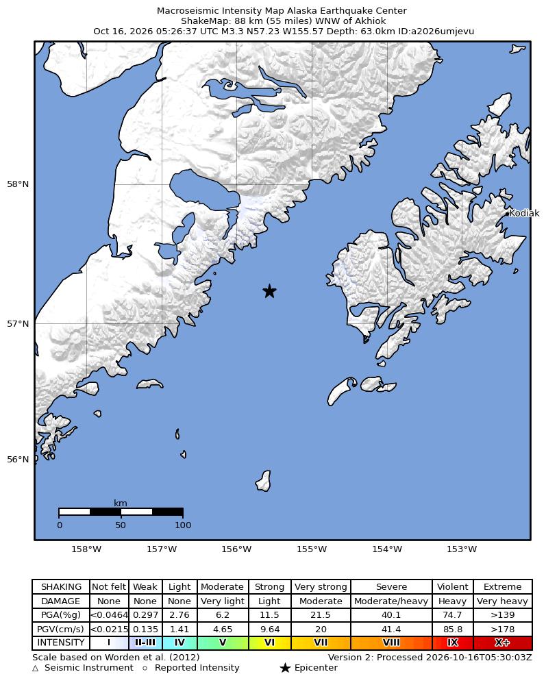 USGS ShakeMap intensity contours for the M3.3 earthquake near 76 km WSW of Karluk, Alaska