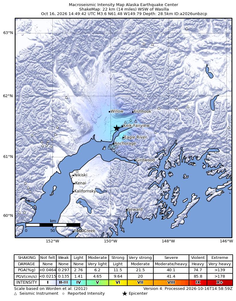 USGS ShakeMap intensity contours for the M3.6 earthquake near 2 km NW of Knik, Alaska