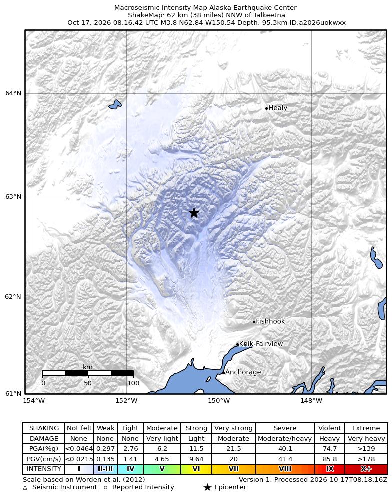 USGS ShakeMap intensity contours for the M3.8 earthquake near 41 km NNE of Petersville, Alaska