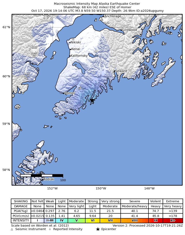 USGS ShakeMap intensity contours for the M3.8 earthquake near 49 km ESE of Halibut Cove, Alaska