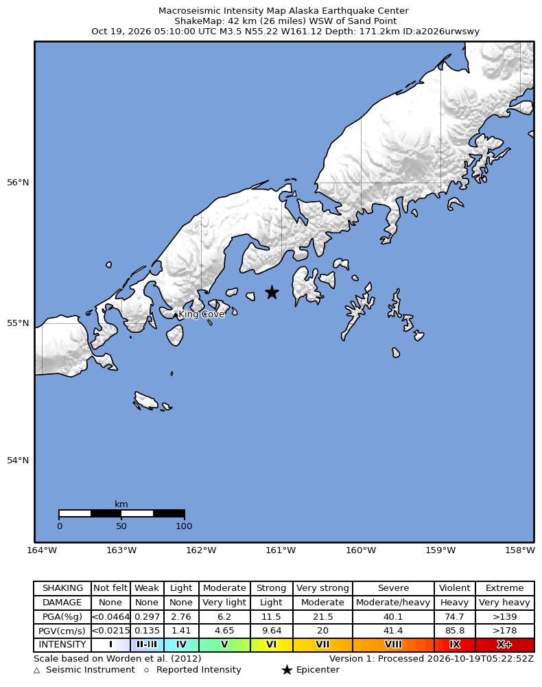 USGS ShakeMap intensity contours for the M3.3 earthquake near 46 km WSW of Ivanof Bay, Alaska
