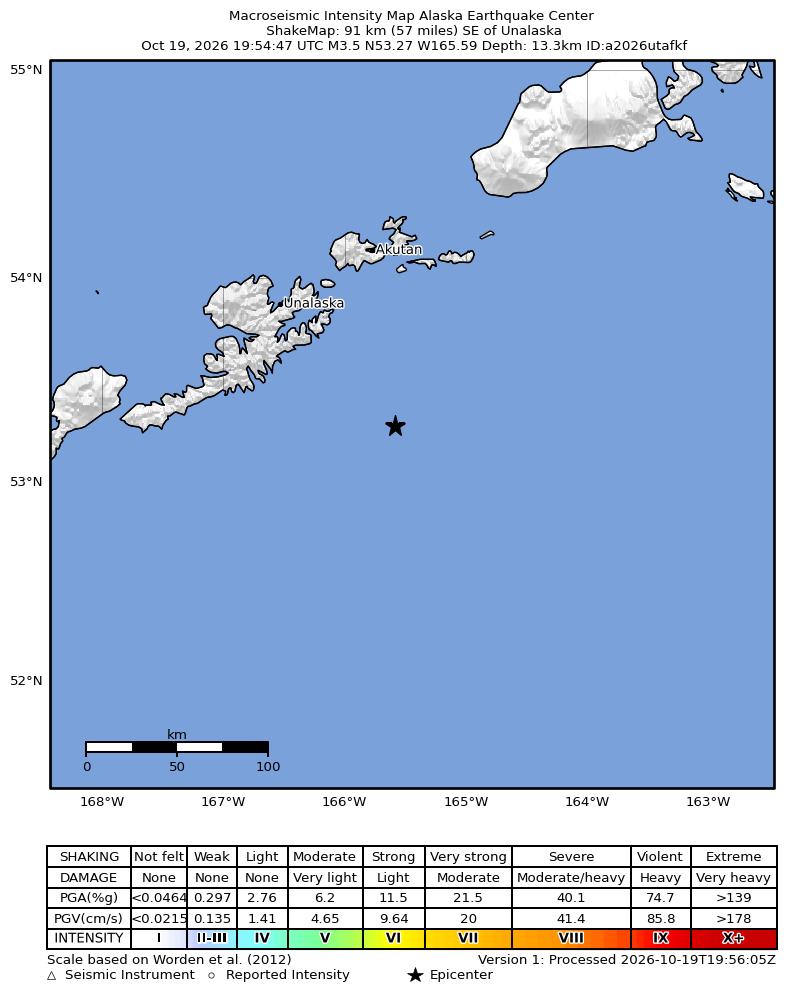 USGS ShakeMap intensity contours for the M3.6 earthquake near 87 km SE of Unalaska, Alaska