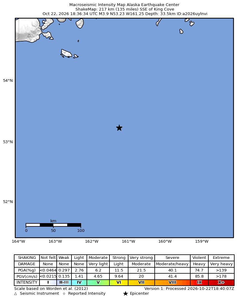 USGS ShakeMap intensity contours for the M3.9 earthquake near 203 km SSE of King Cove, Alaska