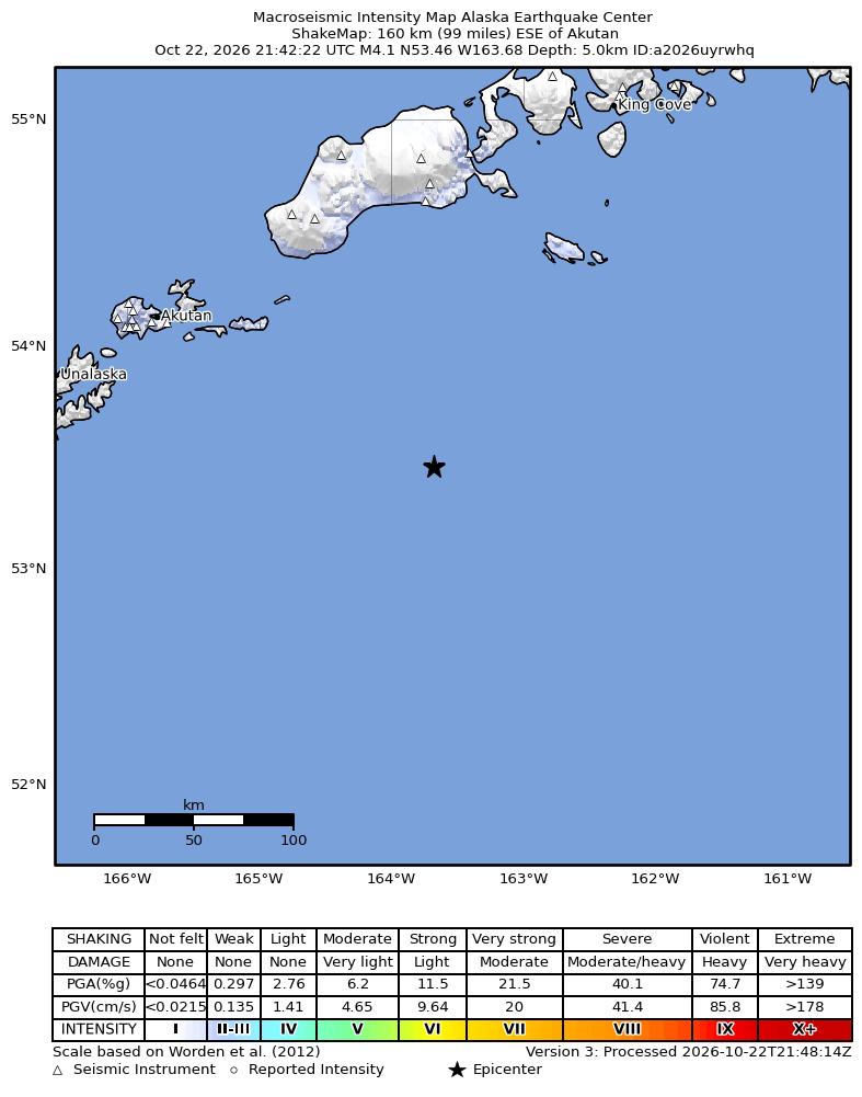 USGS ShakeMap intensity contours for the M4.0 earthquake near 169 km S of False Pass, Alaska