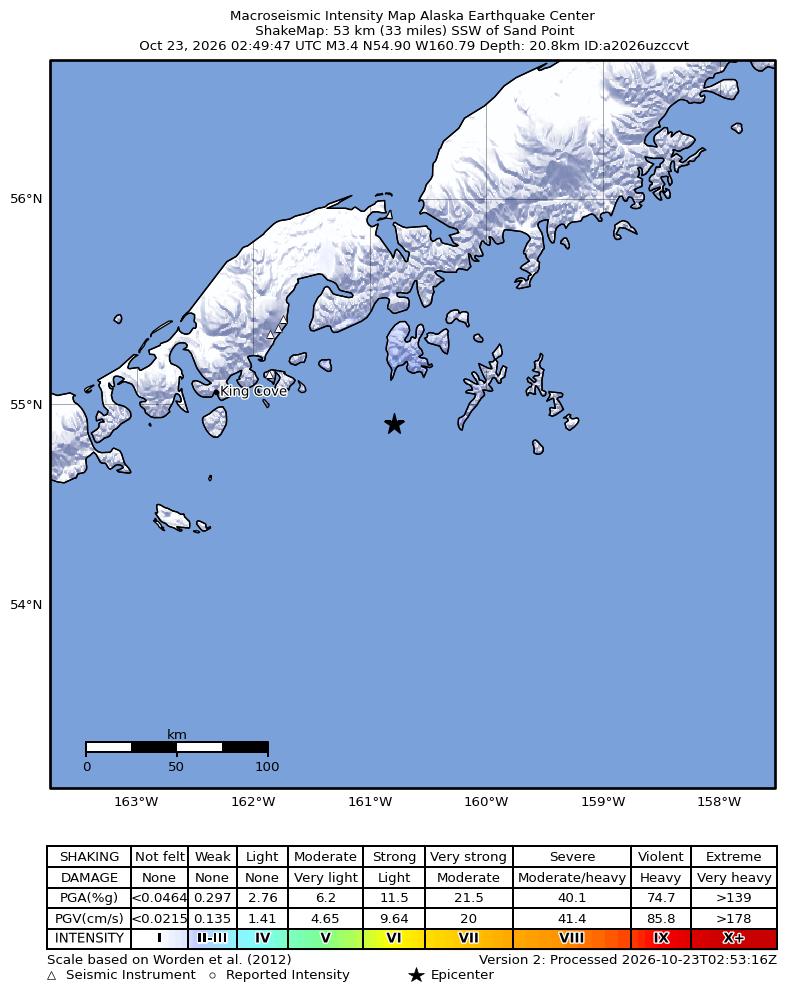 USGS ShakeMap intensity contours for the M3.2 earthquake near 44 km SW of Sand Point, Alaska