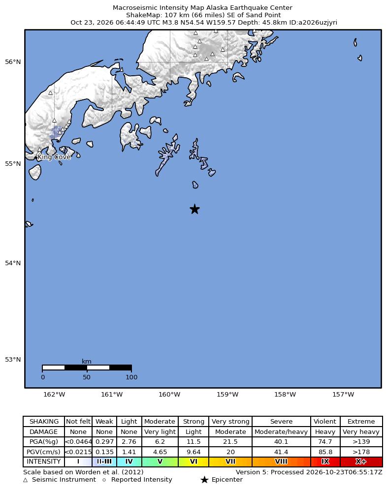 USGS ShakeMap intensity contours for the M4.2 earthquake near 99 km SSE of Sand Point, Alaska