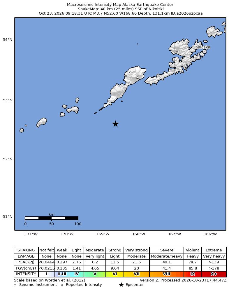USGS ShakeMap intensity contours for the M3.7 earthquake near 40 km SSE of Nikolski, Alaska