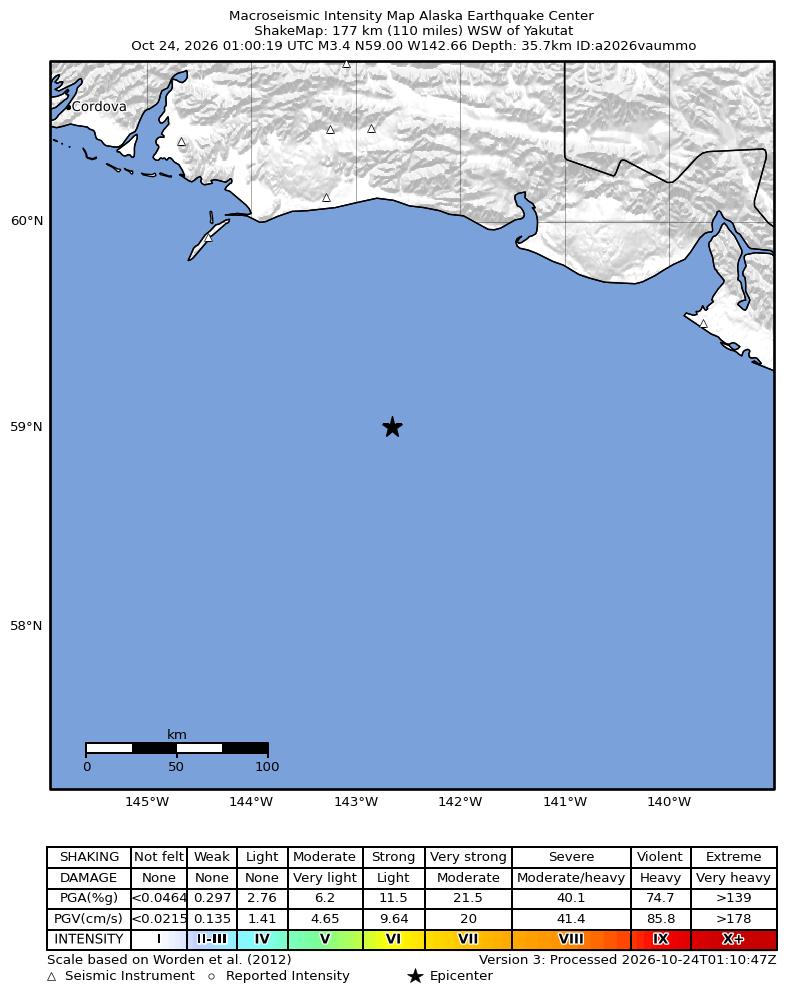 USGS ShakeMap intensity contours for the M3.4 earthquake near 177 km WSW of Yakutat, Alaska