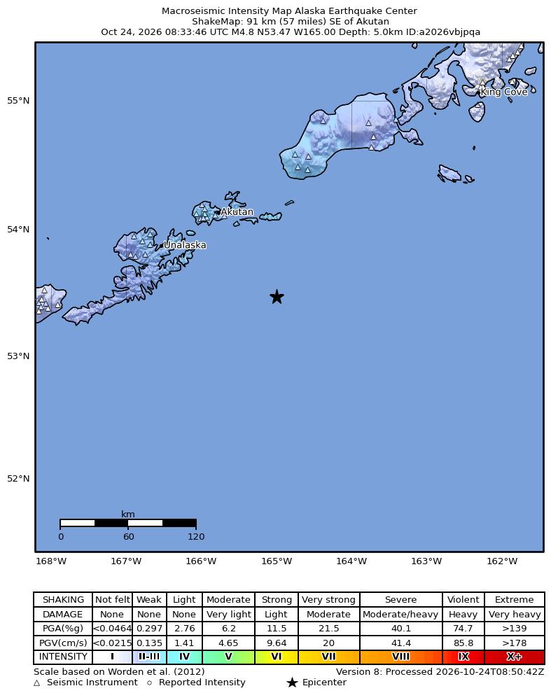 USGS ShakeMap intensity contours for the M4.5 earthquake near 81 km SSE of Akutan, Alaska