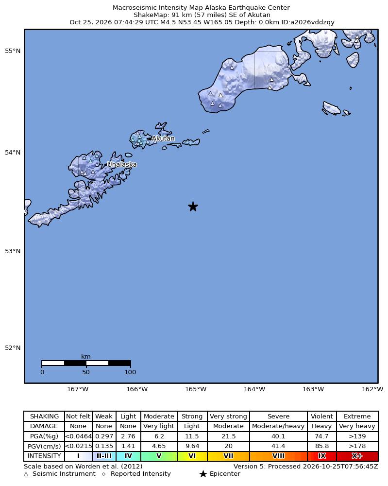 USGS ShakeMap intensity contours for the M4.6 earthquake near 82 km SSE of Akutan, Alaska