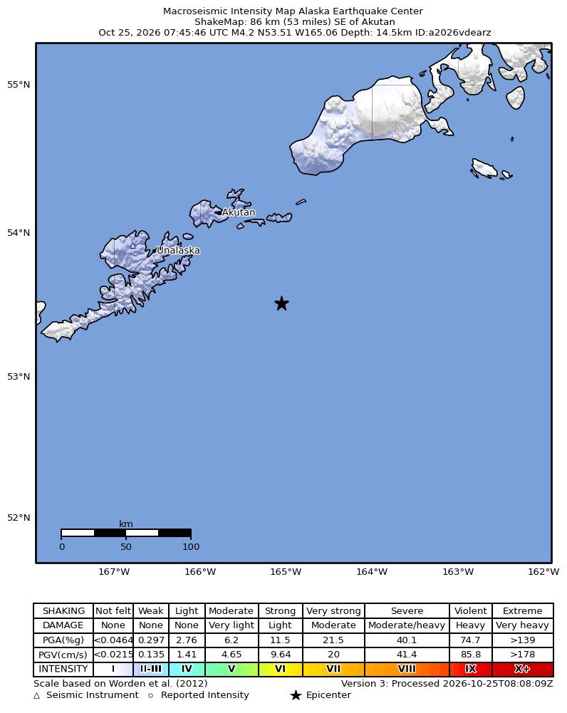 USGS ShakeMap intensity contours for the M4.3 earthquake near 81 km SSE of Akutan, Alaska