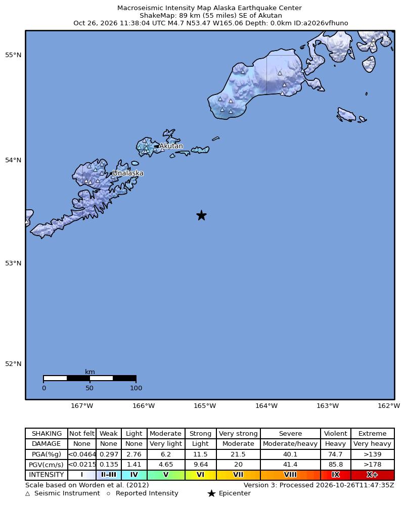 USGS ShakeMap intensity contours for the M4.6 earthquake near 81 km SSE of Akutan, Alaska