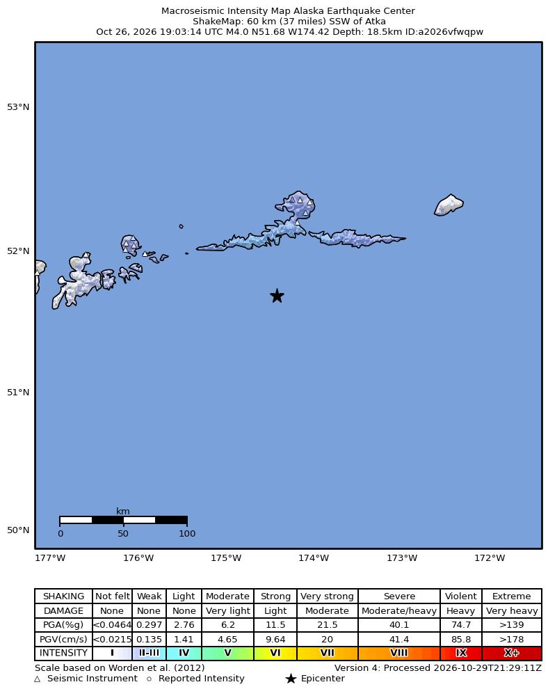 USGS ShakeMap intensity contours for the M3.5 earthquake near 40 km SSW of Atka, Alaska