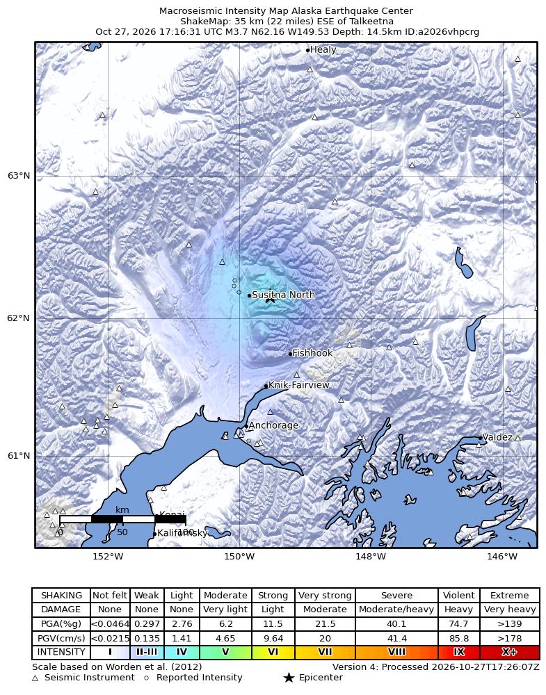 USGS ShakeMap intensity contours for the M3.7 earthquake near 16 km E of Susitna North, Alaska