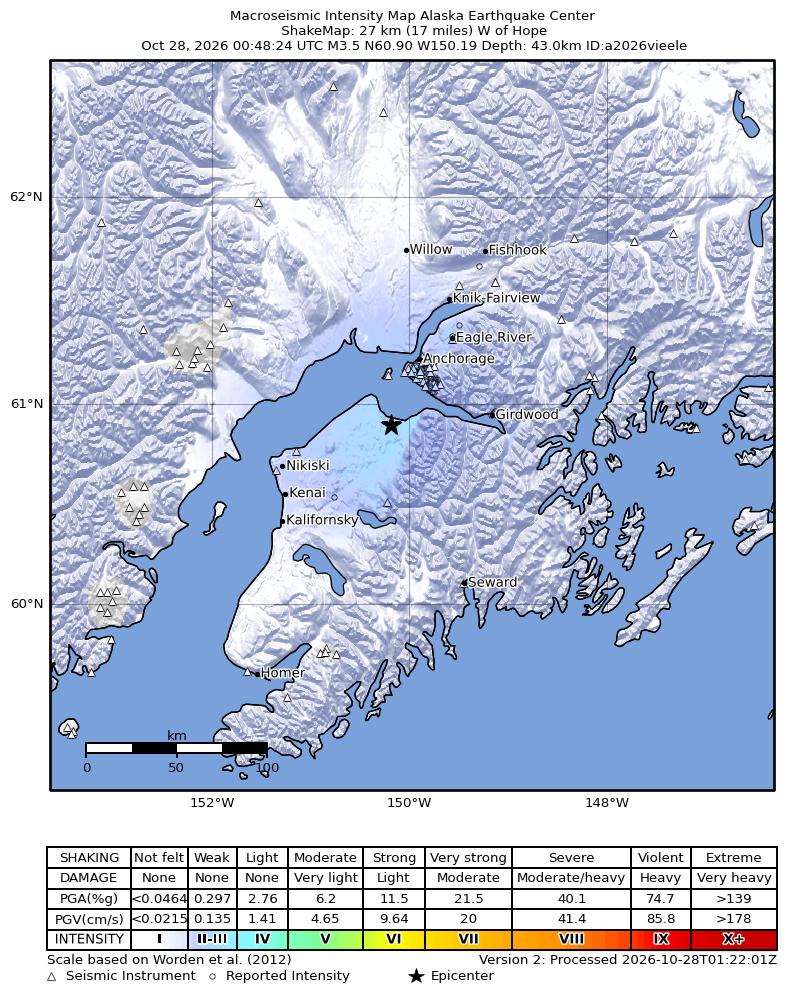 USGS ShakeMap intensity contours for the M3.5 earthquake near 27 km E of Point Possession, Alaska