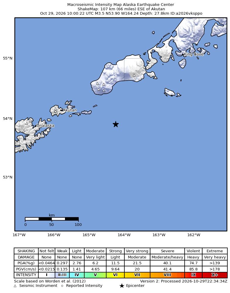 USGS ShakeMap intensity contours for the M3.5 earthquake near 103 km ESE of Akutan, Alaska