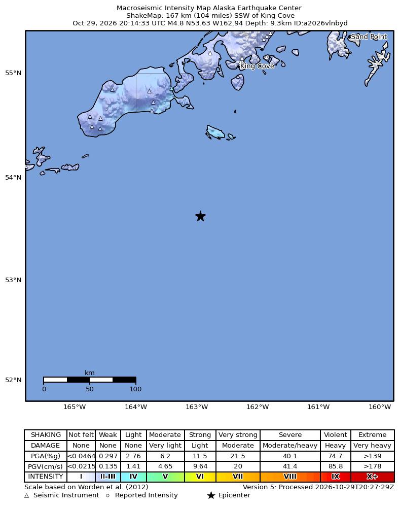 USGS ShakeMap intensity contours for the M5.0 earthquake near 143 km S of False Pass, Alaska