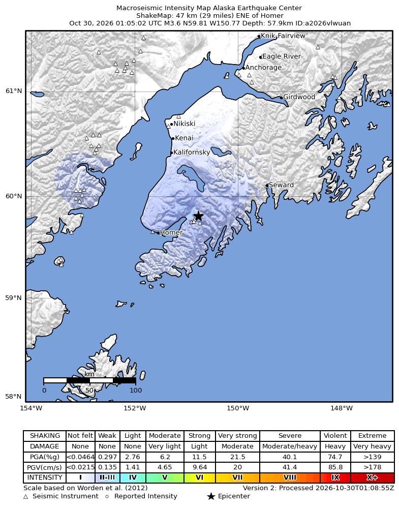USGS ShakeMap intensity contours for the M3.5 earthquake near 11 km ESE of Fox River, Alaska