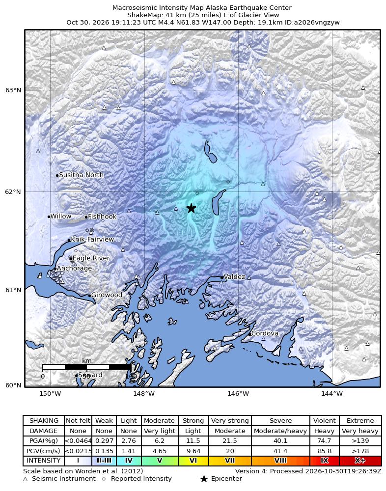 USGS ShakeMap intensity contours for the M4.4 earthquake near 14 km SE of Eureka Roadhouse, Alaska