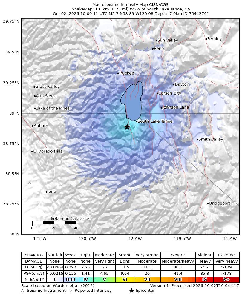 USGS ShakeMap intensity contours for the M3.7 earthquake near 10 km WSW of South Lake Tahoe, CA