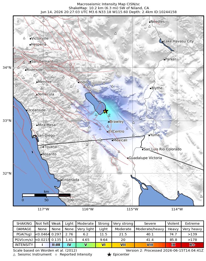 USGS ShakeMap intensity contours for the M3.6 earthquake near 10 km SW of Niland, CA