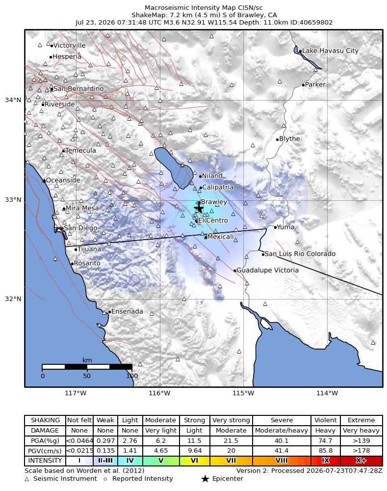 USGS ShakeMap intensity contours for the M3.6 earthquake near 7 km S of Brawley, CA
