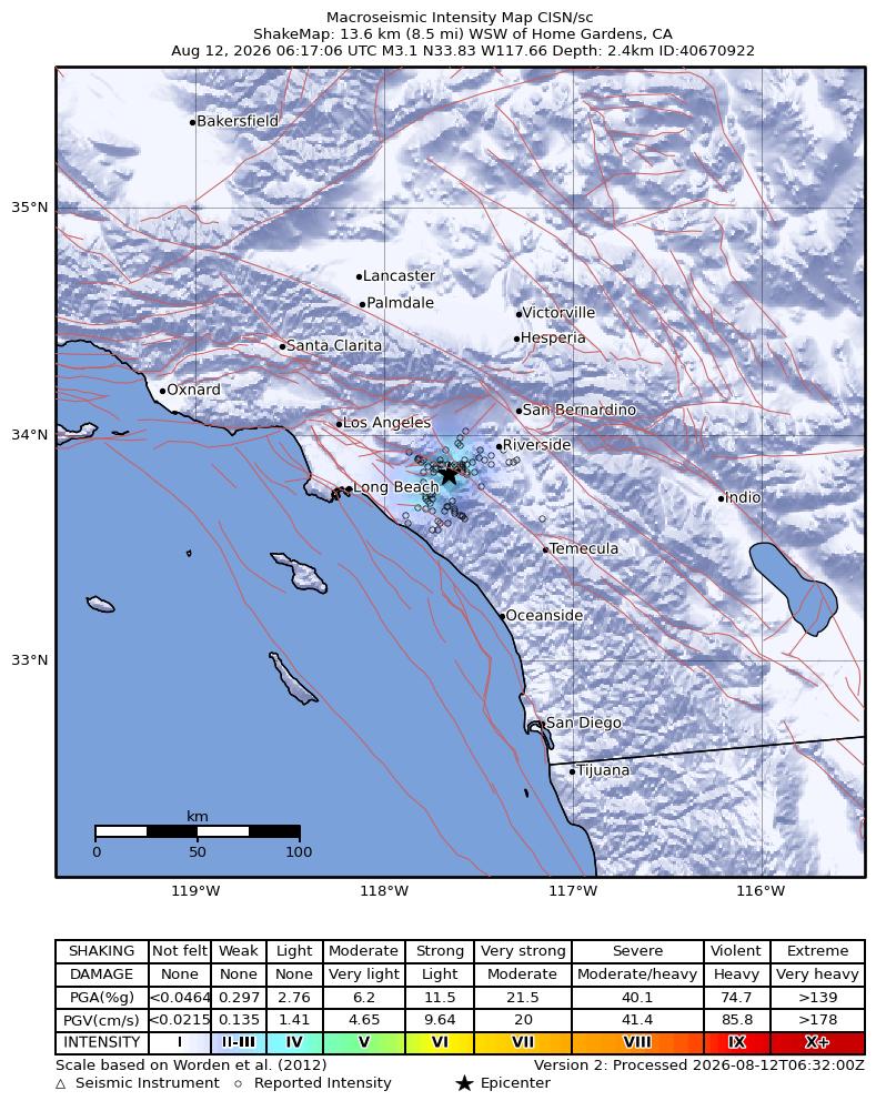 USGS ShakeMap intensity contours for the M3.1 earthquake near 9 km WSW of Corona, CA