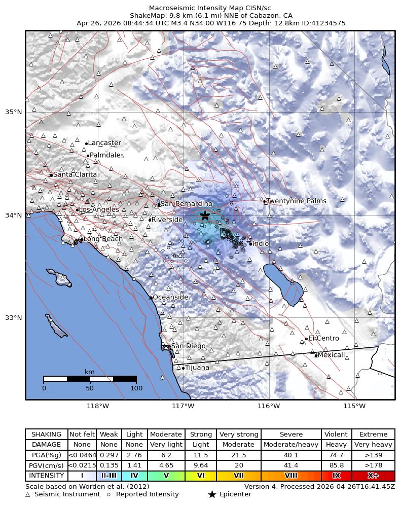 USGS ShakeMap intensity contours for the M3.4 earthquake near 10 km NNE of Cabazon, CA