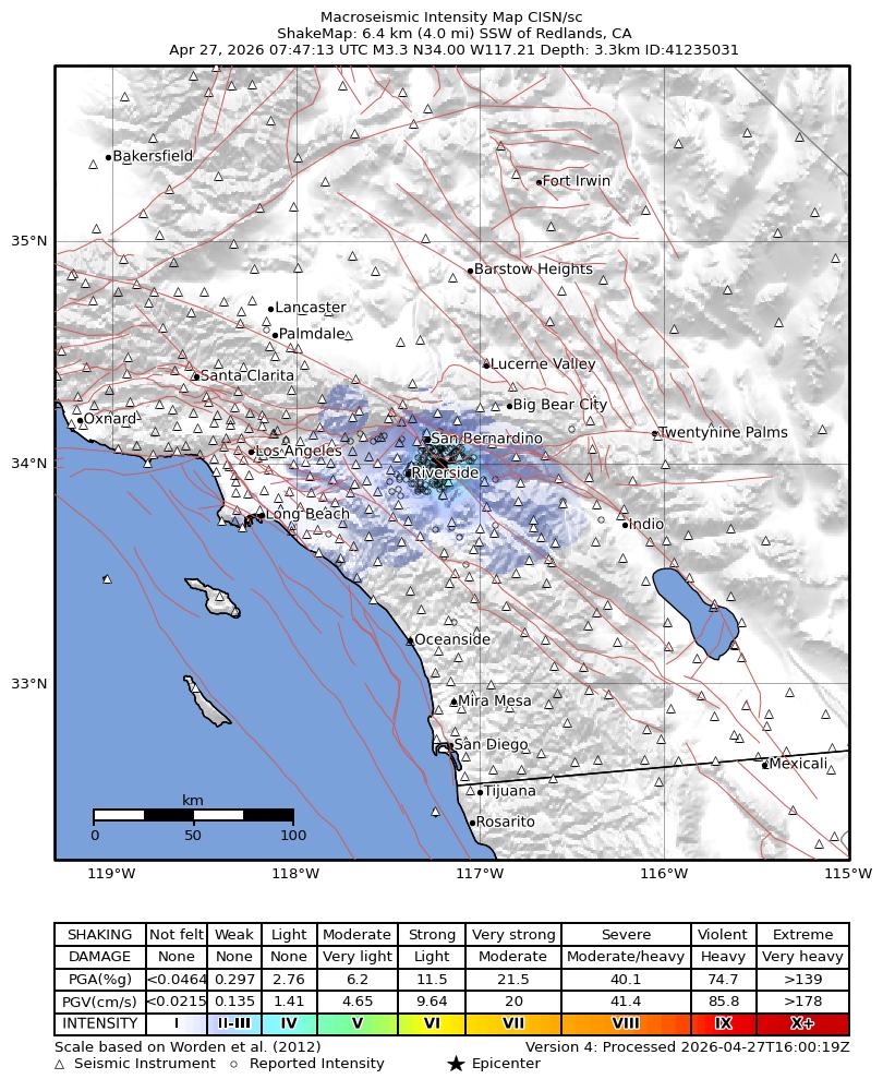 USGS ShakeMap intensity contours for the M3.3 earthquake near 6 km SSW of Redlands, CA
