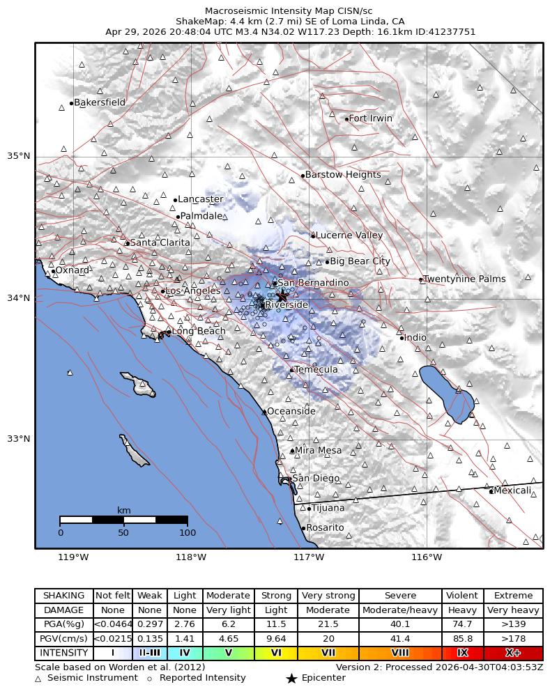 USGS ShakeMap intensity contours for the M3.4 earthquake near 4 km SE of Loma Linda, CA