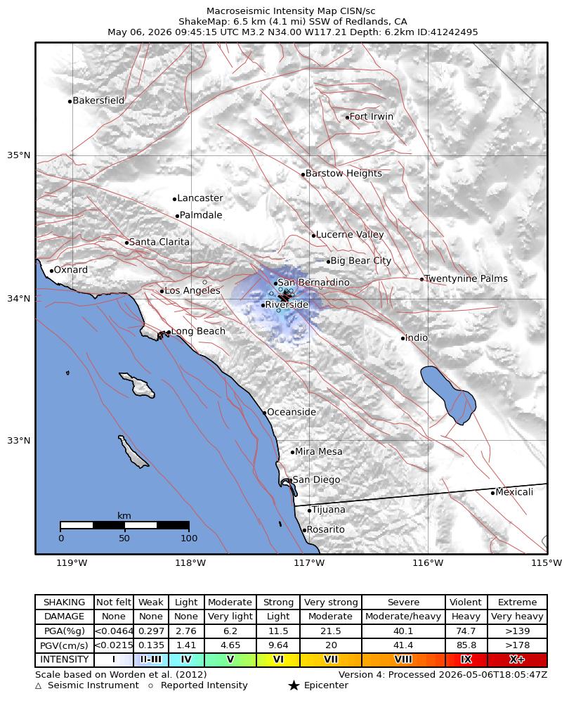 USGS ShakeMap intensity contours for the M3.2 earthquake near 7 km SSW of Redlands, CA