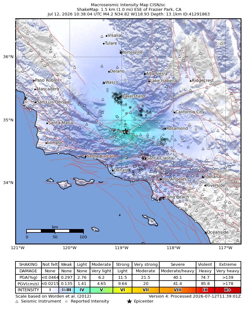 USGS ShakeMap intensity contours for the M4.2 earthquake near 2 km ESE of Frazier Park, CA