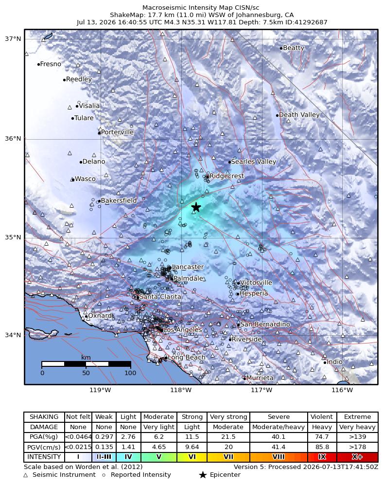 USGS ShakeMap intensity contours for the M4.3 earthquake near 18 km WSW of Johannesburg, CA