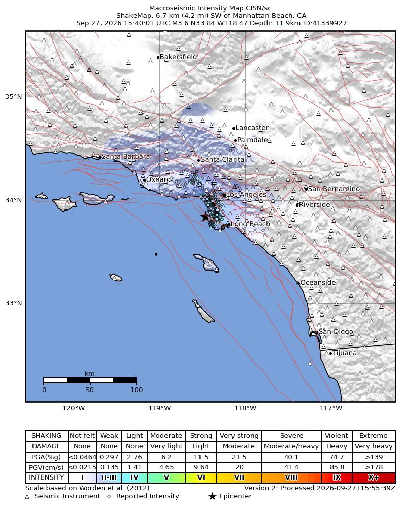 USGS ShakeMap intensity contours for the M3.6 earthquake near 6 km WSW of Hermosa Beach, CA