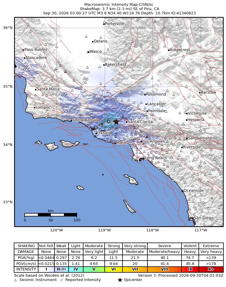 USGS ShakeMap intensity contours for the M3.8 earthquake near 4 km SE of Piru, CA