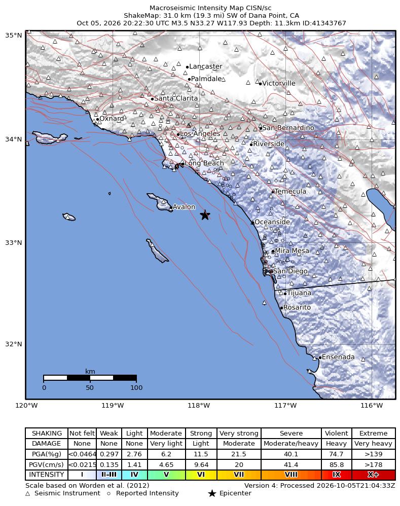 USGS ShakeMap intensity contours for the M3.5 earthquake near 31 km SW of Dana Point, CA