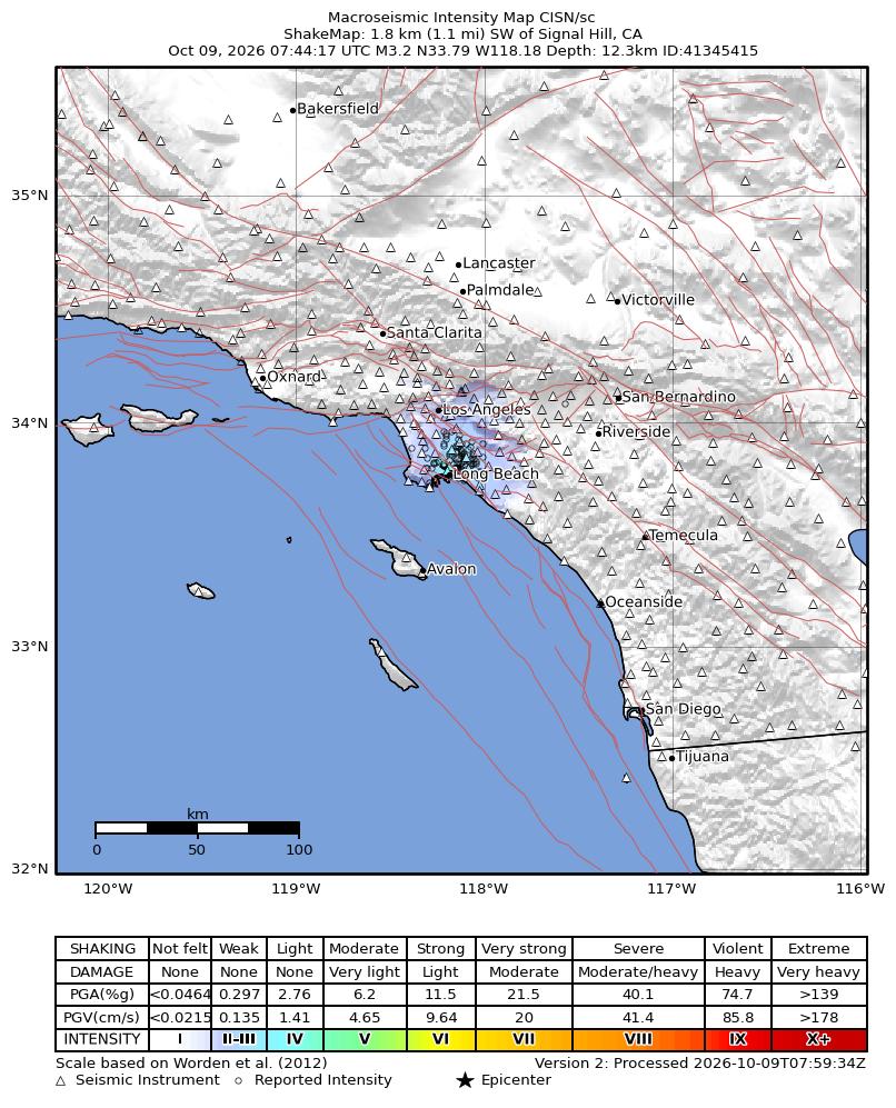 USGS ShakeMap intensity contours for the M3.2 earthquake near 2 km SW of Signal Hill, CA
