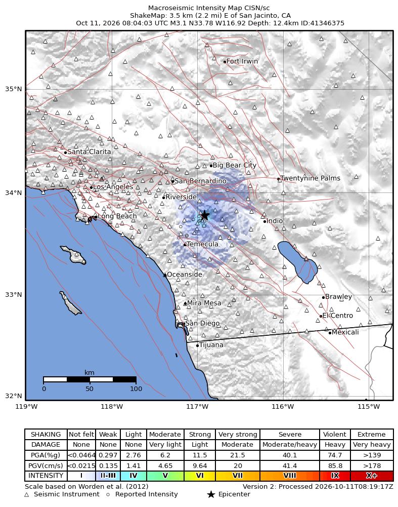 USGS ShakeMap intensity contours for the M3.1 earthquake near 4 km E of San Jacinto, CA