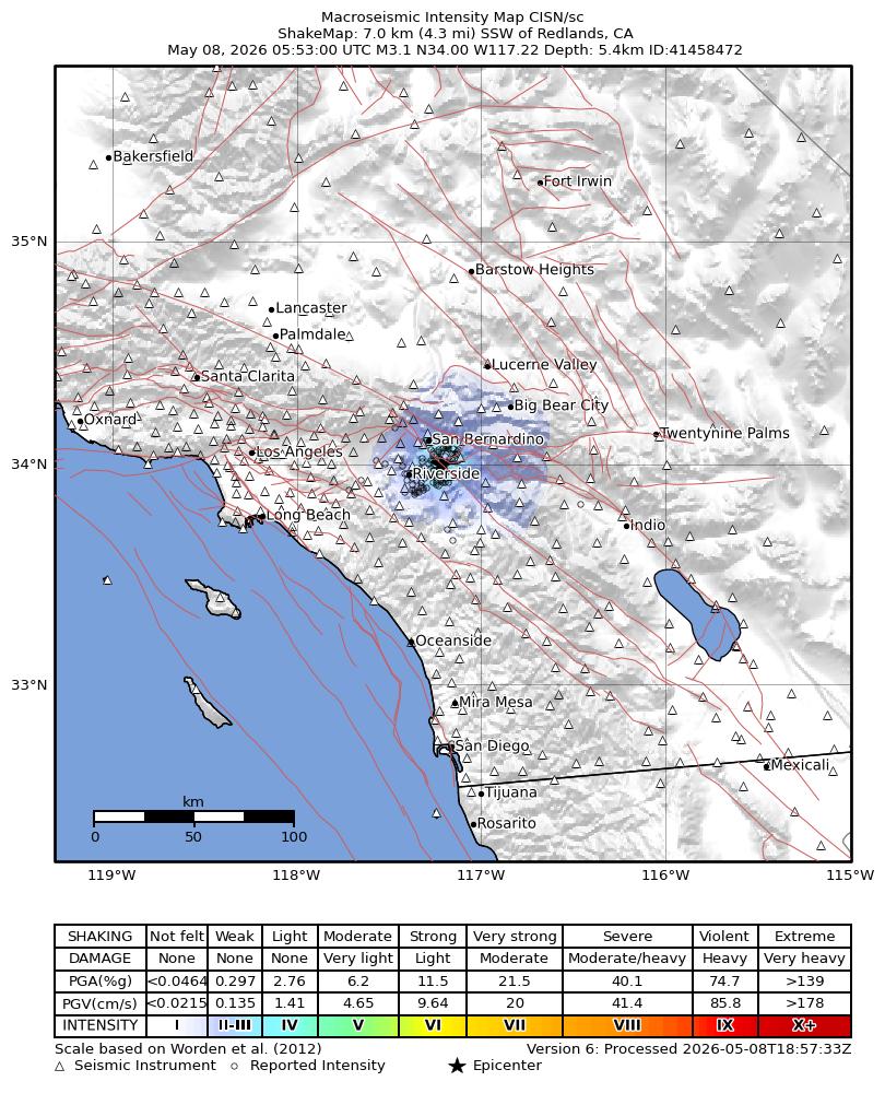 USGS ShakeMap intensity contours for the M3.1 earthquake near 7 km SE of Loma Linda, CA