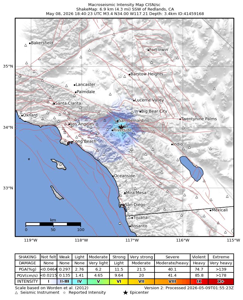USGS ShakeMap intensity contours for the M3.4 earthquake near 7 km SSW of Redlands, CA