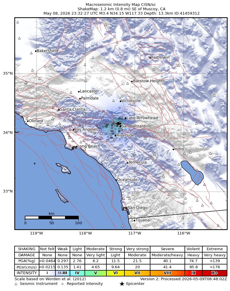 USGS ShakeMap intensity contours for the M3.4 earthquake near 1 km SE of Muscoy, CA